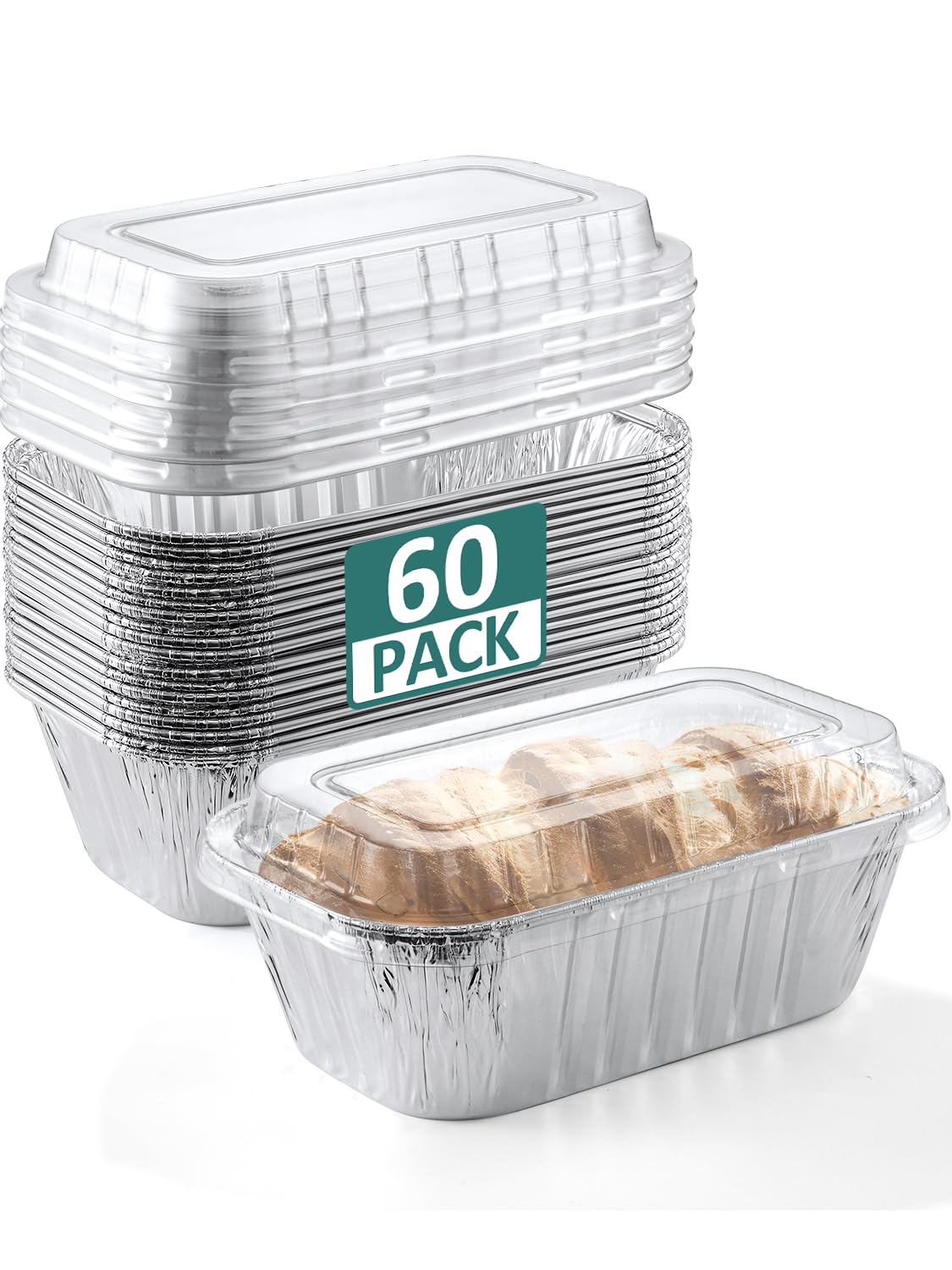 NEEBAKE 60-pack aluminum loaf pans with lids for baking and meal prep.