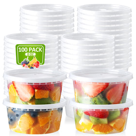 NEEBAKE 8 oz deli container with lid showing airtight seal for soups and sauces.