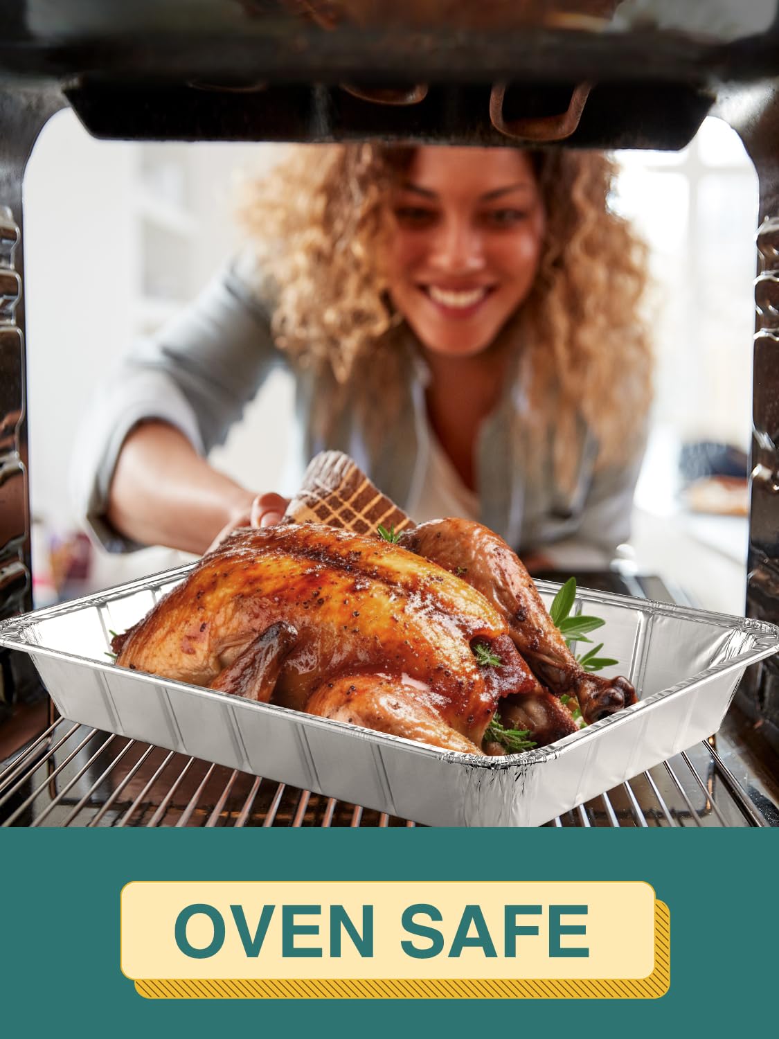NEEBAKE oven-safe foil pans suitable for roasting and baking in ovens.