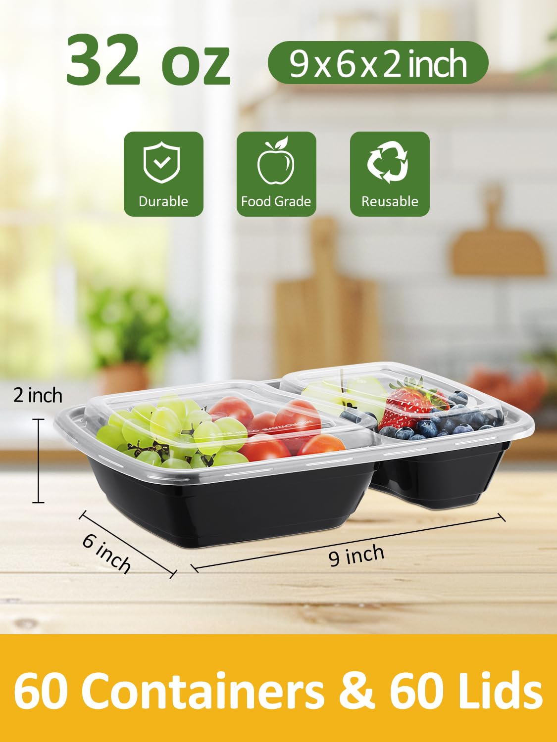 Two-compartment design ideal for balanced meals on the go.