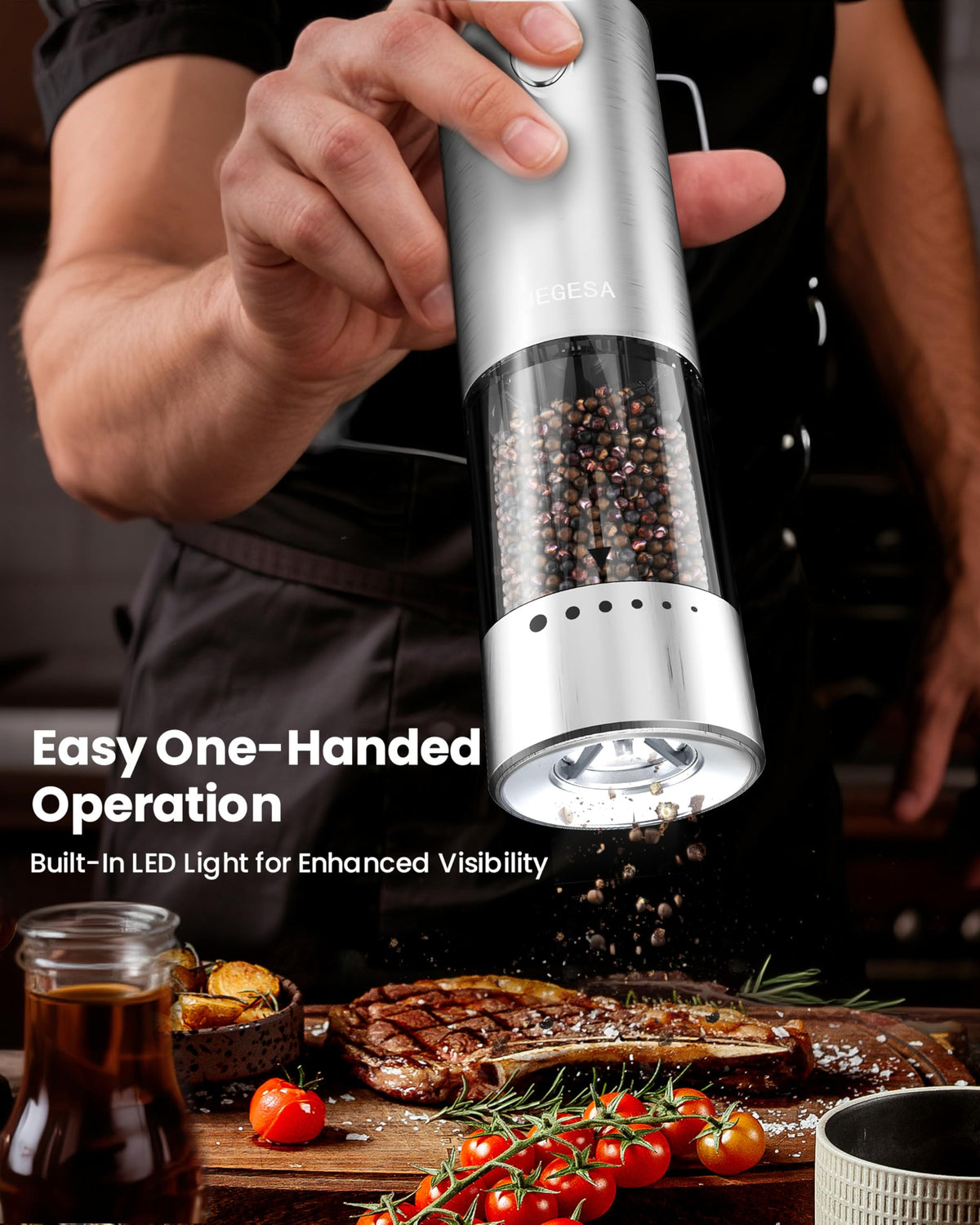 NEGESA electric pepper grinder on charging base for quick flavoring.