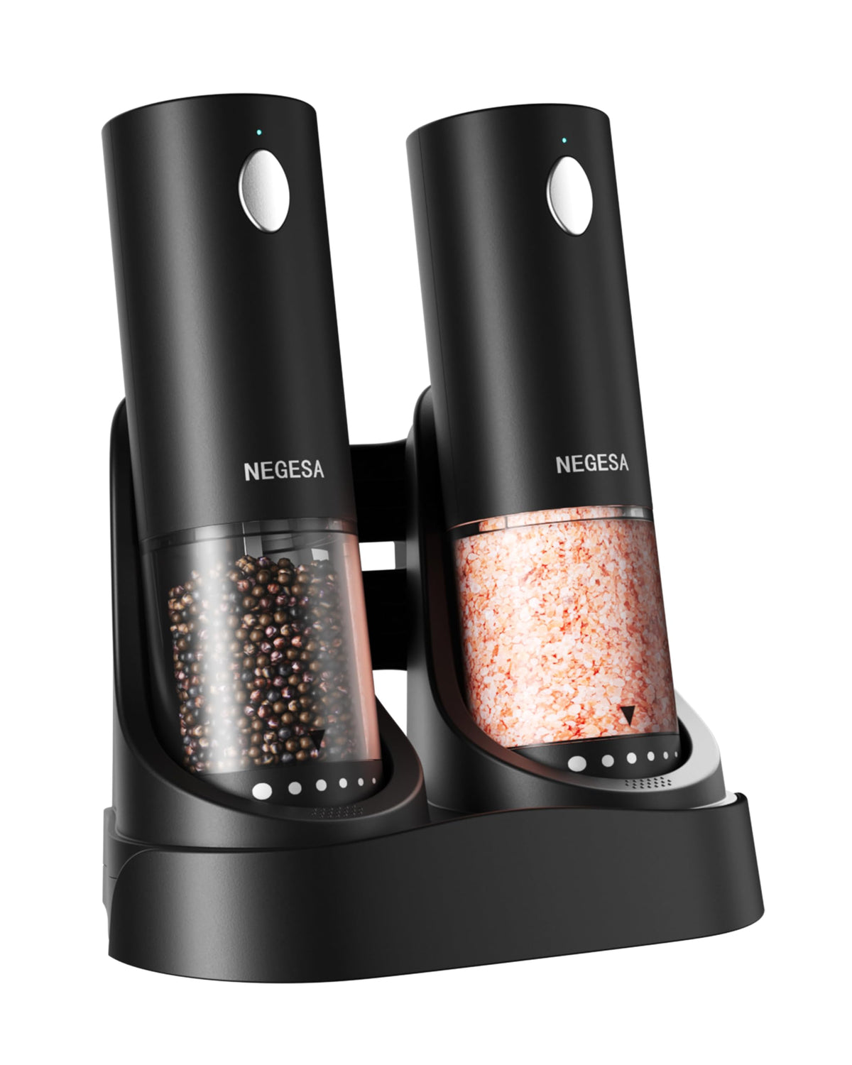 NEGESA electric salt and pepper grinders on USB base for seamless charging during busy cooking