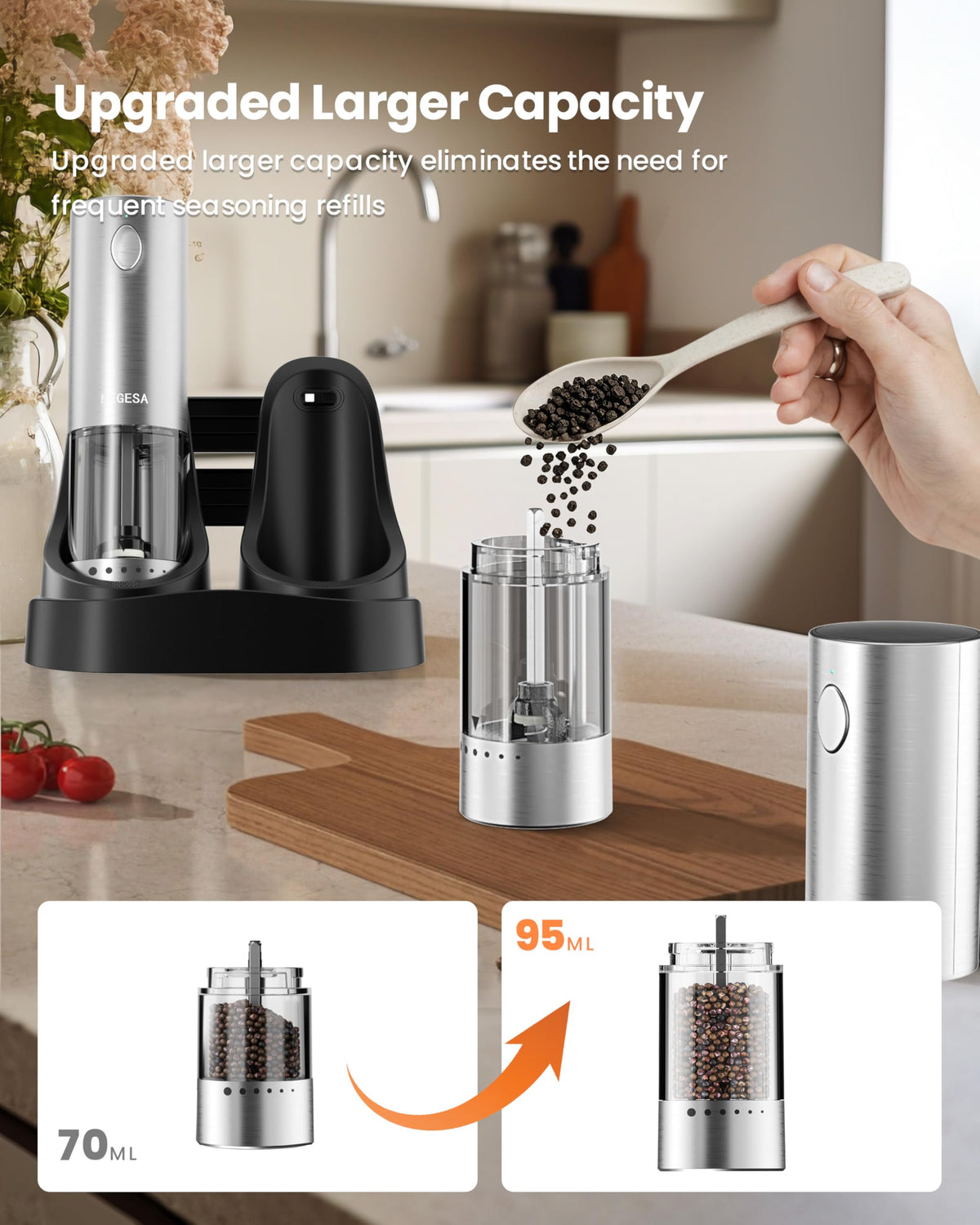 NEGESA USB charging base powers both grinders for kitchen or outdoor use.