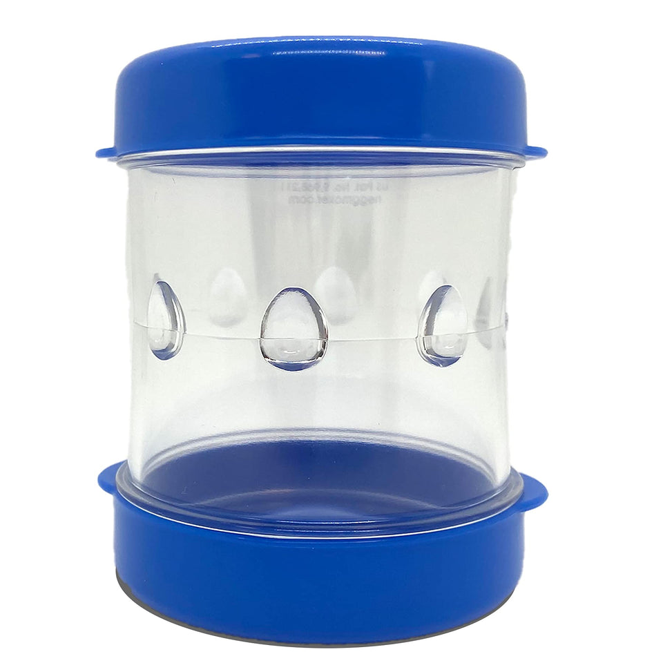 NEGG boiled egg peeler with blue cap demonstrates quick shell release.