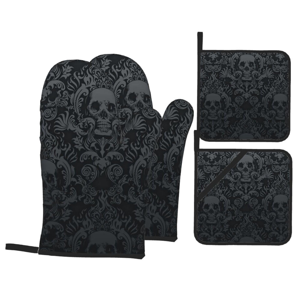 NELife Victorian Gothic Black Skull Oven Mitts with heat resistance up to 356 F for safe handling.