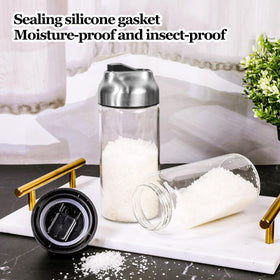 Neodaco 14oz glass sugar dispenser on a counter for cafe-style service