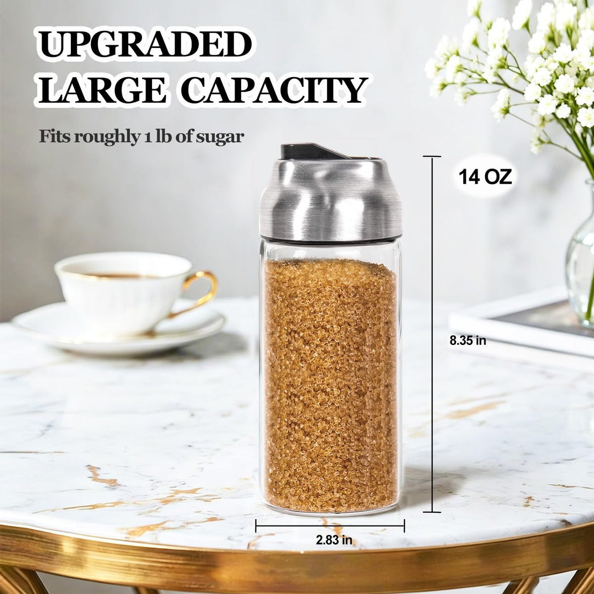 Neodaco glass sugar dispenser with brushed-steel cap for cafe-style shine
