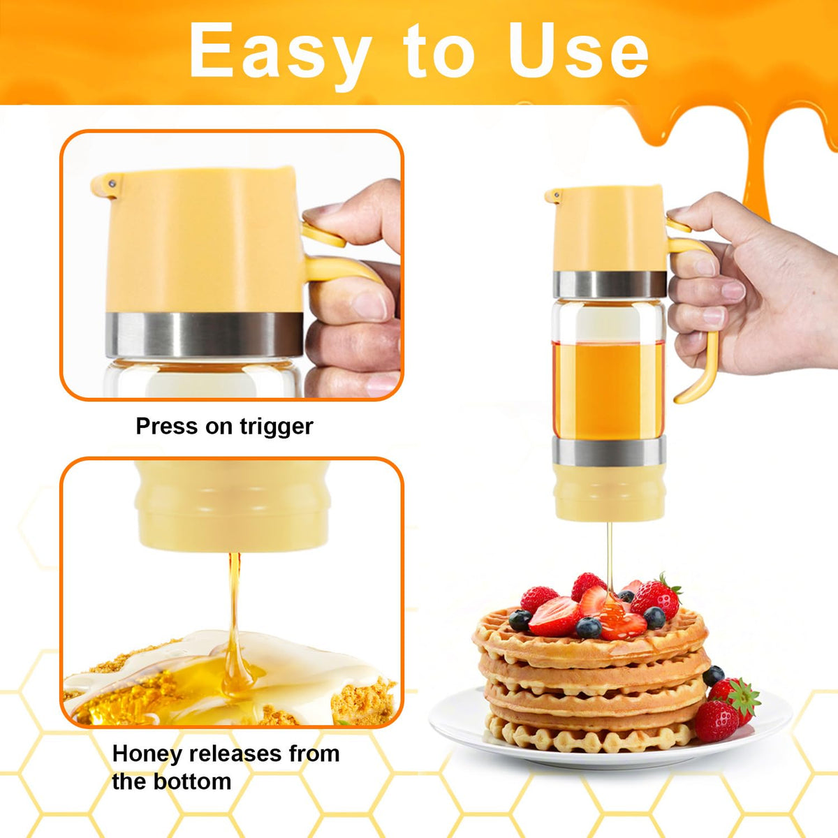 Neodaco honey jar with durable glass body keeps honey fresh and clear.