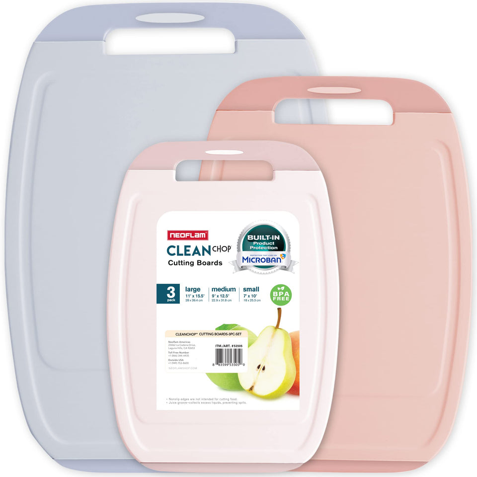 Neoflam Microban cutting board set in pastel with three sizes for versatile prep