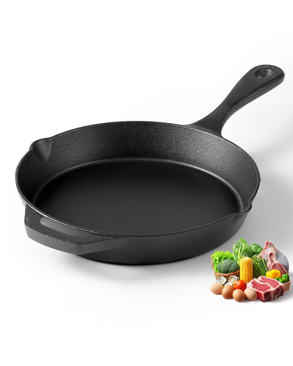 NeoForge cast iron skillet with teardrop handle for balanced grip from stove to oven.