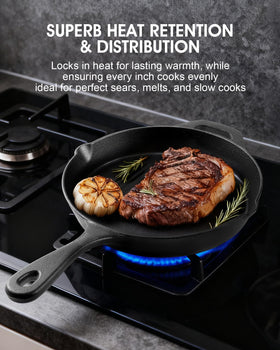 NeoForge skillet on stove and grill, ideal for indoor and outdoor cooking scenarios.