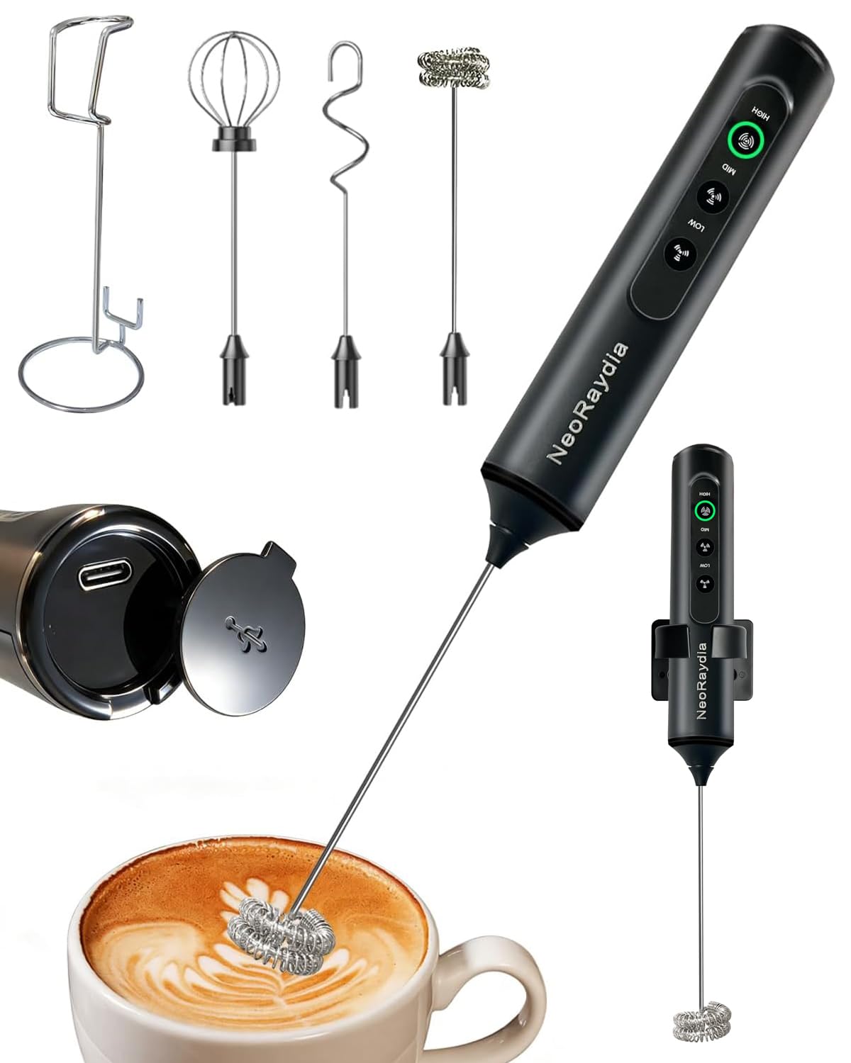 NeoRaydia milk frother wand with stand for easy, café-quality foam at home.