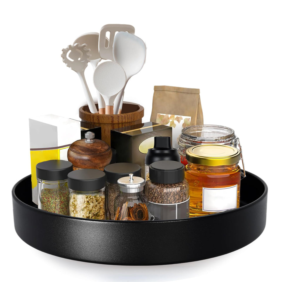 Neotidy metal lazy Susan 12-inch turntable for organized cabinet storage.