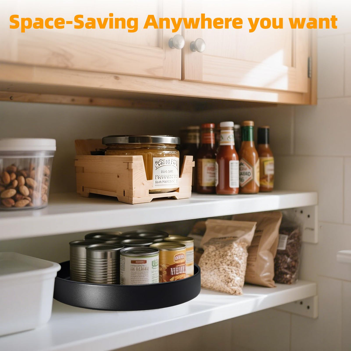 Neotidy round cabinet organizer aids shelf decluttering and space utility.