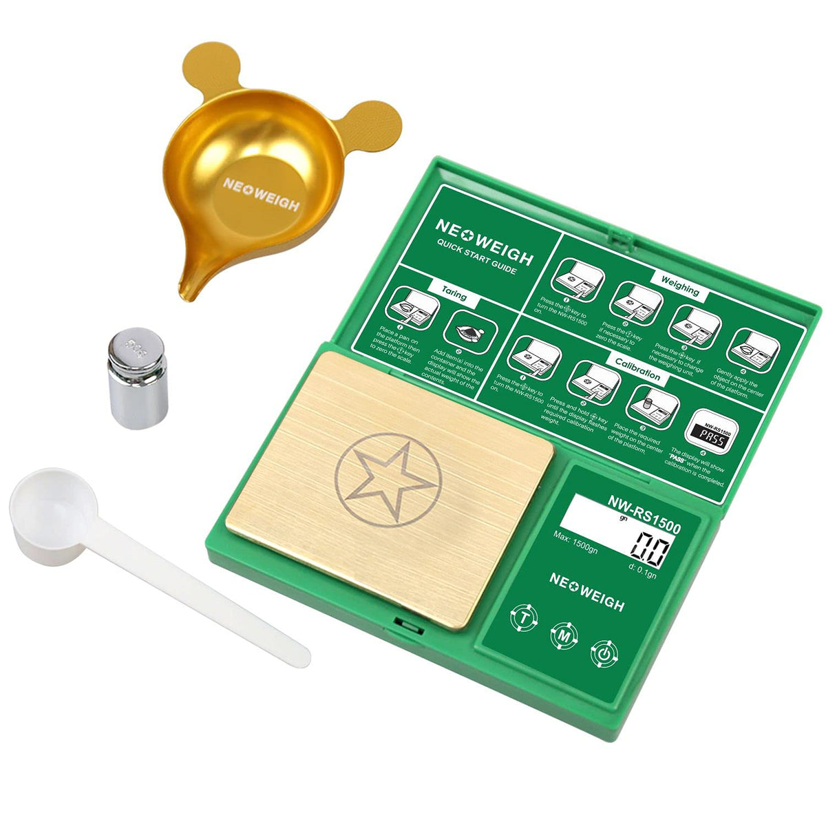 NEOWEIGH reloading scale on a bench, compact and precise for reloaders.