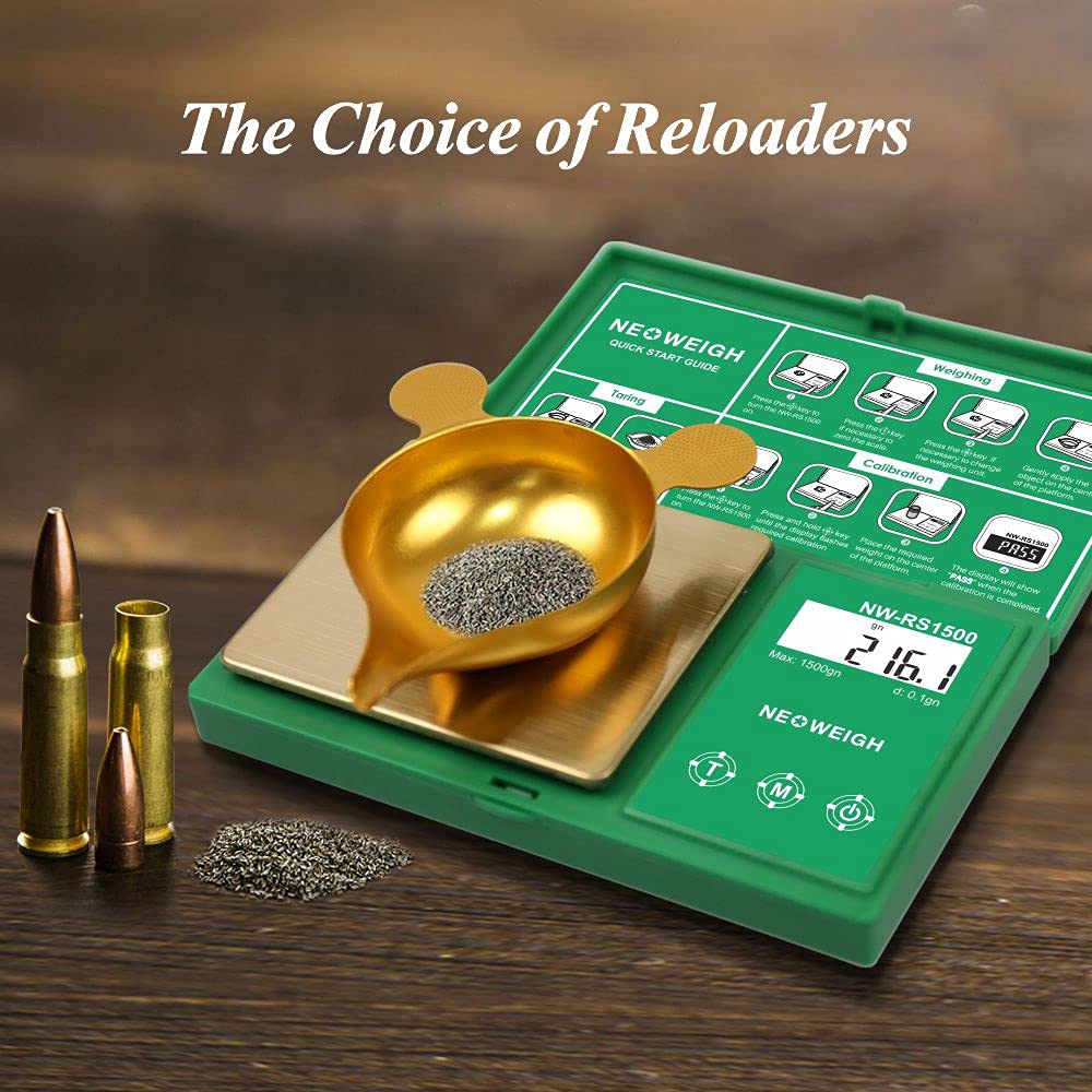NEOWEIGH reloading scale showing grains and grams units for versatile weighing.