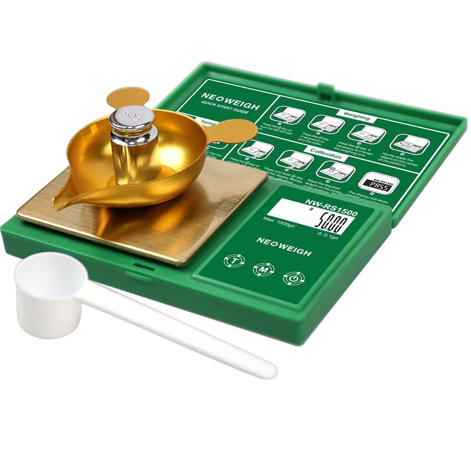 NEOWEIGH reloading scale with metal pan for precise powder measurements.