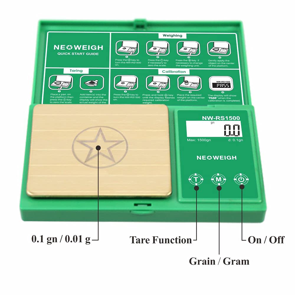 NEOWEIGH reloading scale with narrow-spout pan reduces cling and improves pour control.