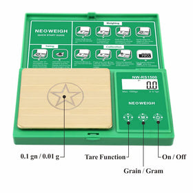 NEOWEIGH reloading scale with narrow-spout pan reduces cling and improves pour control.