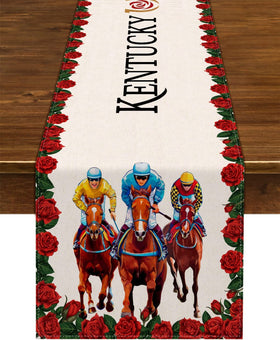 Nepnuser Kentucky table runner on a table with roses for Derby party styling.