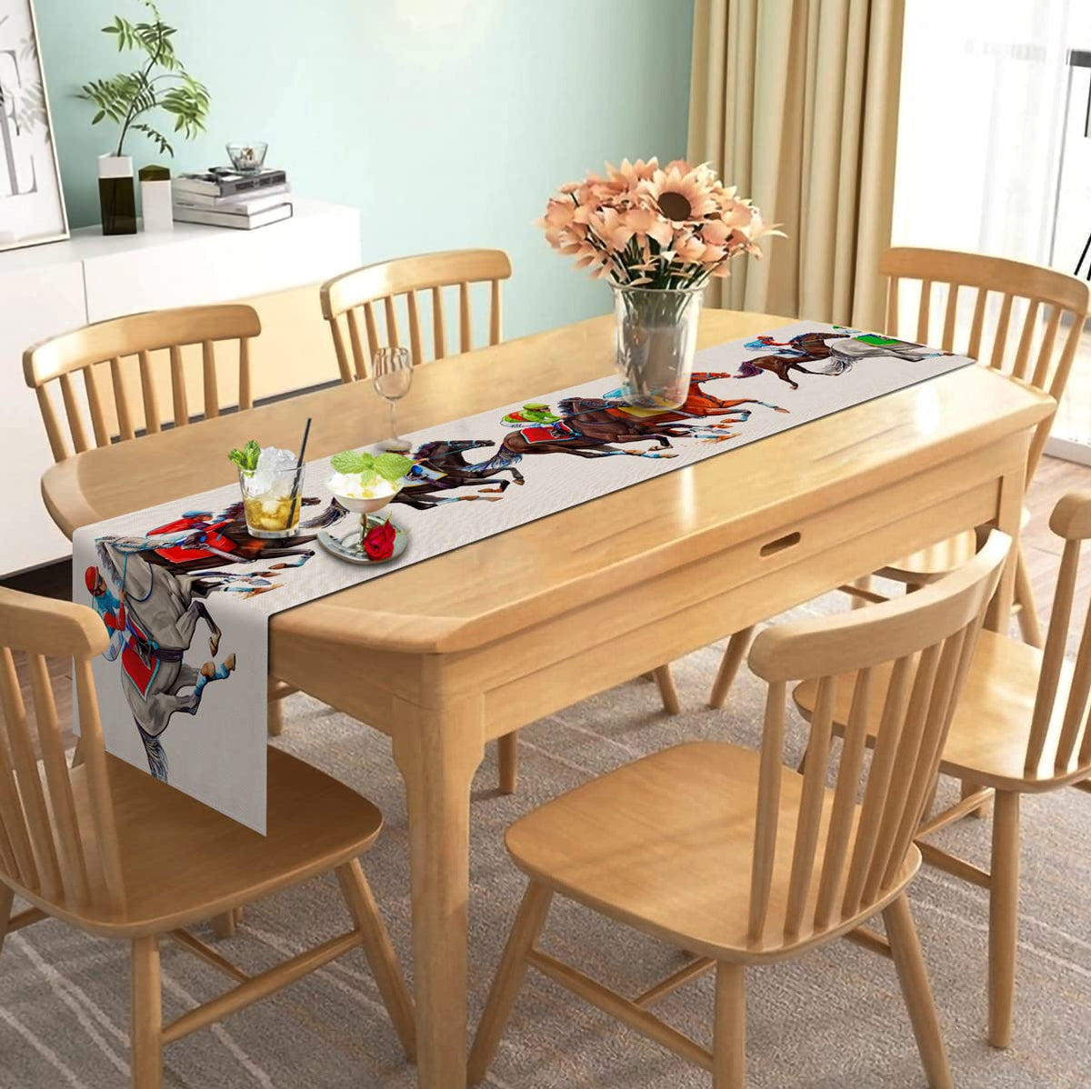 Nepnuser linen runner featuring horse racing pattern for rustic dining.