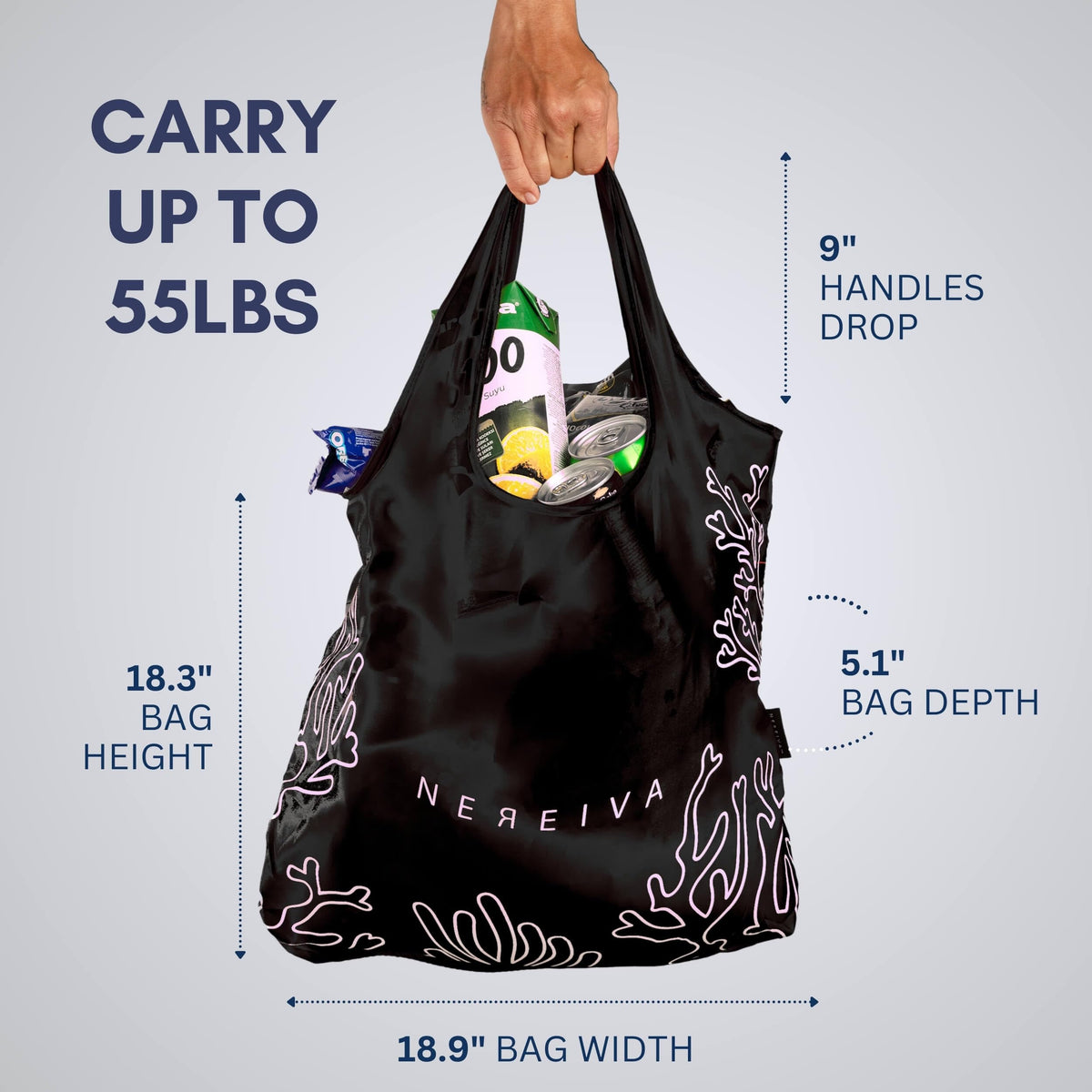 Nereiva five-pack 55lbs bags in bright colors for versatile shopping and sorting.