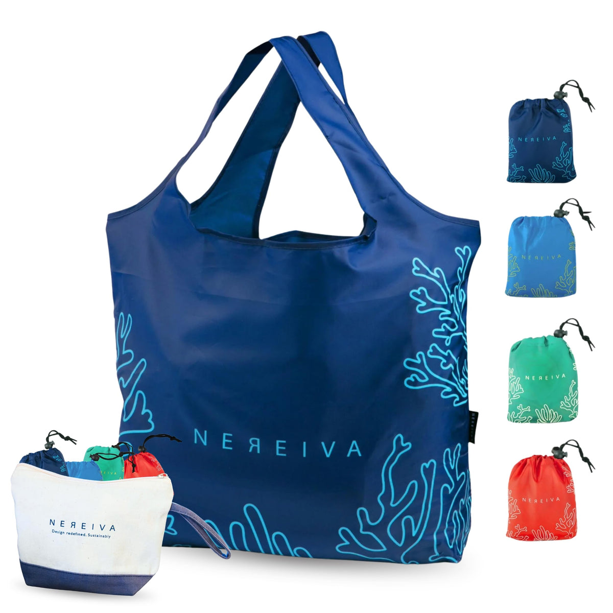Nereiva coral reef foldable bag featuring vibrant design and sturdy construction for grocery runs.