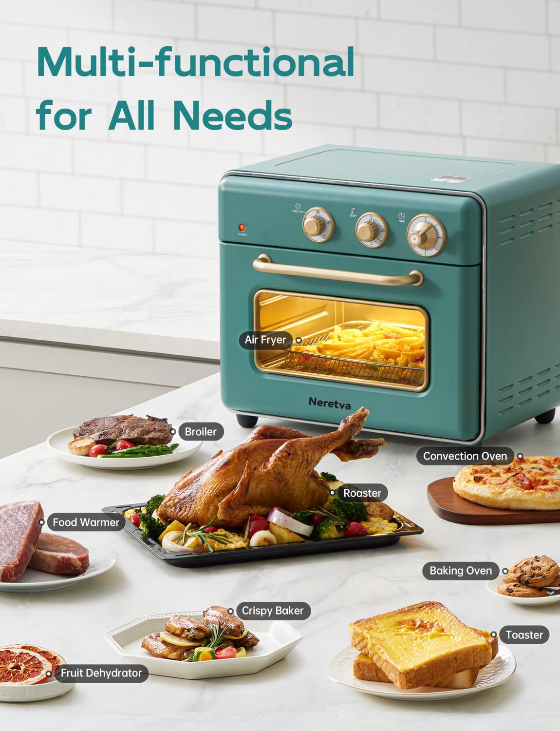 Neretva 21QT 6-in-1 fits an 8-inch pizza with even browning.