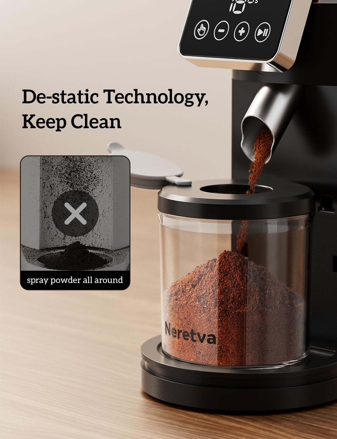 Neretva 20° angled outlet reduces residue and keeps the counter tidy.