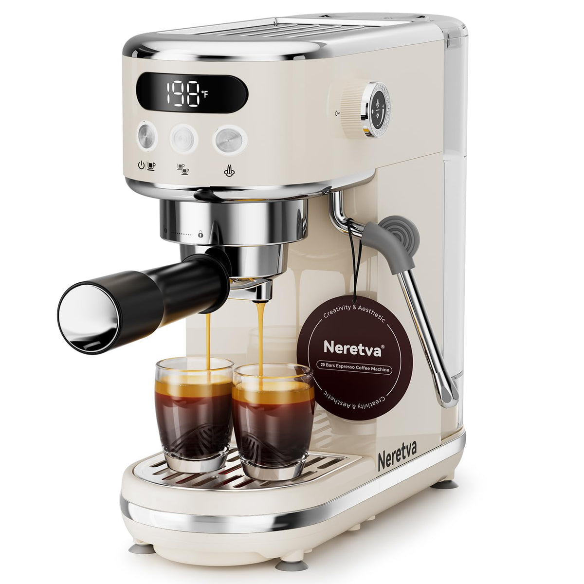 Neretva Espresso Machine front view highlighting 20-bar capacity for bold espresso.