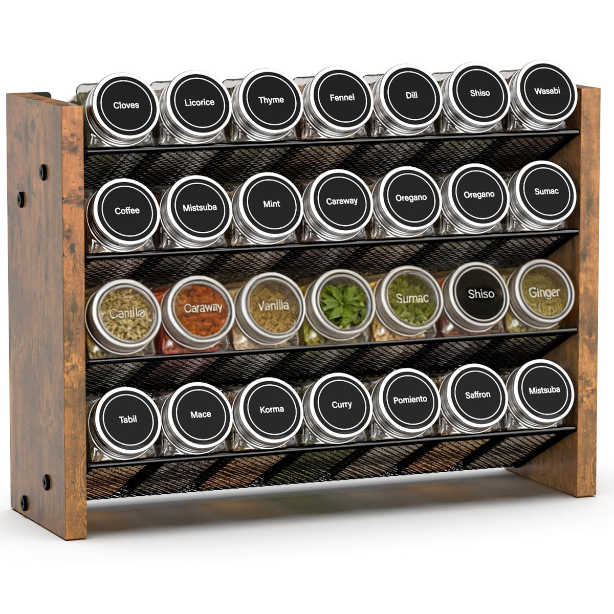 NESAPTO 4-tier spice rack vertical display keeps jars visible for easy cooking prep.