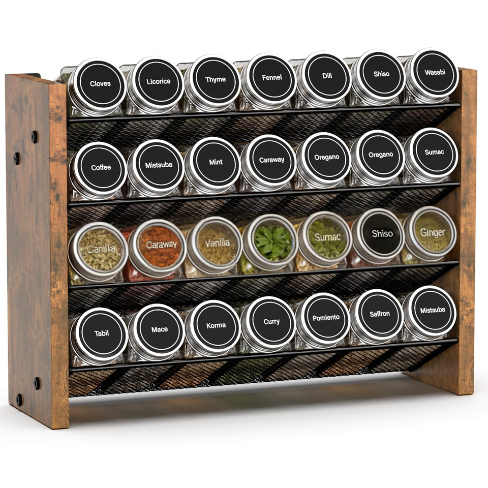 NESAPTO 4-tier spice rack vertical display keeps jars visible for easy cooking prep.