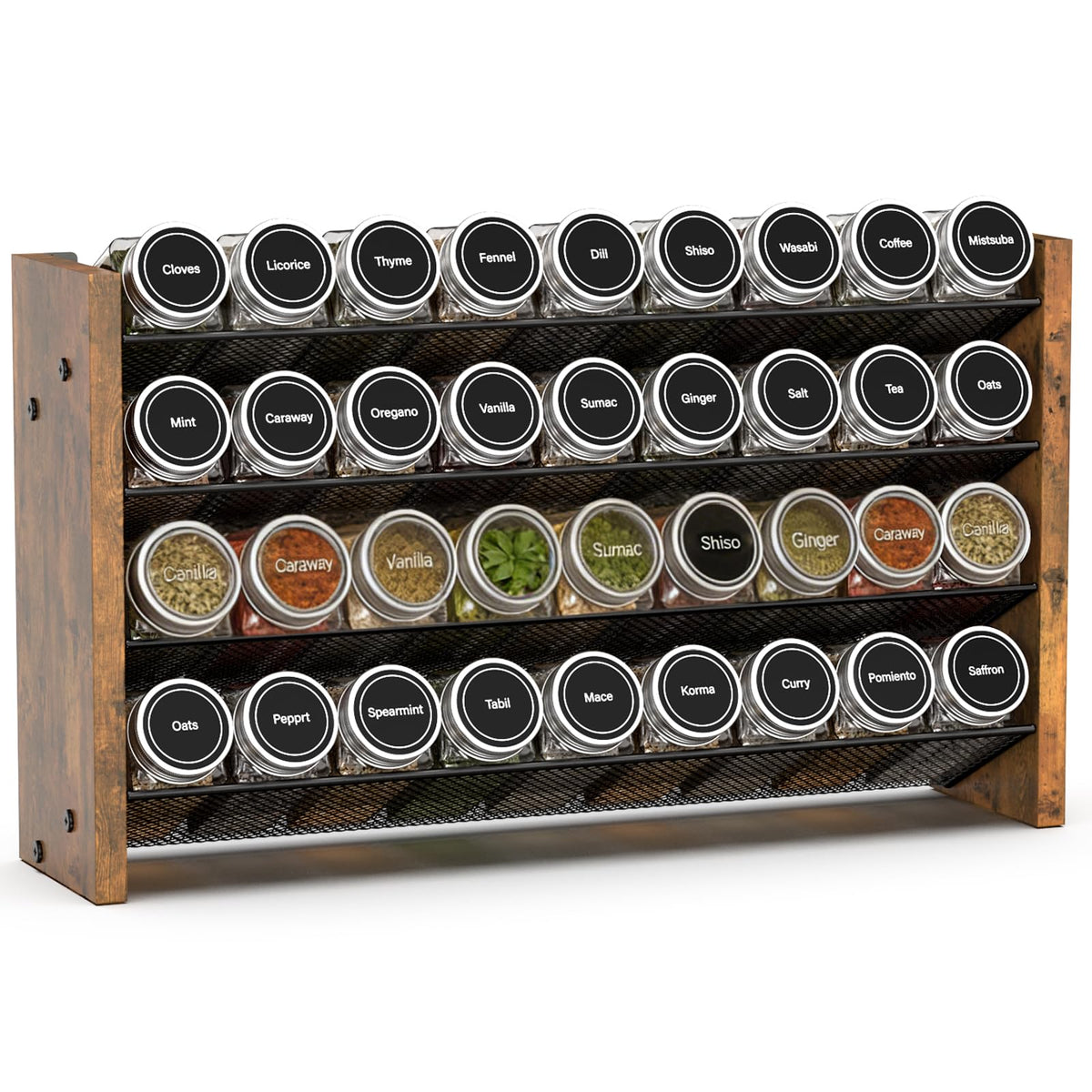 NESAPTO spice rack four-tier front view shows labels for quick access