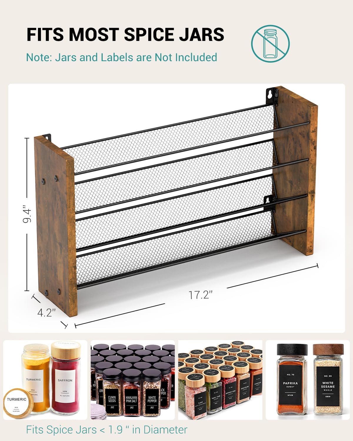 NESAPTO spice rack wood side panels highlight natural warmth and farmhouse style