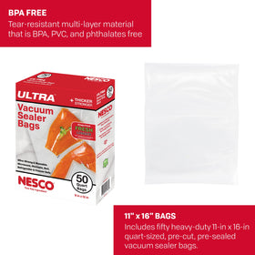 NESCO Ultra vacuum bags showing 9x12 quart-size ready for storage