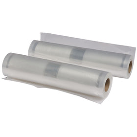 NESCO vacuum sealer bags 8x20 roll showing tear-resistant multi-layer construction for meal prep.