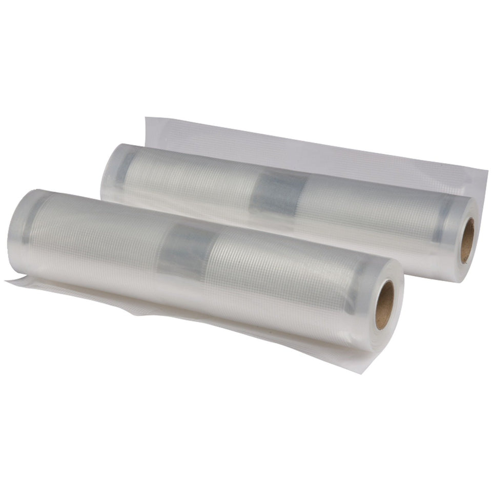 NESCO vacuum sealer bags 8x20 roll showing tear-resistant multi-layer construction for meal prep.