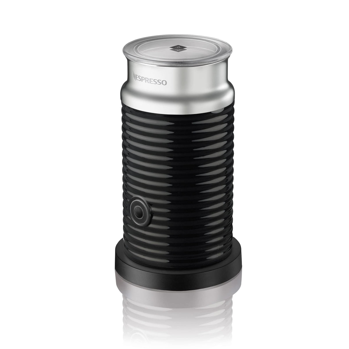 Nespresso Aeroccino 3 frother front view shows stainless steel and hot milk foam.
