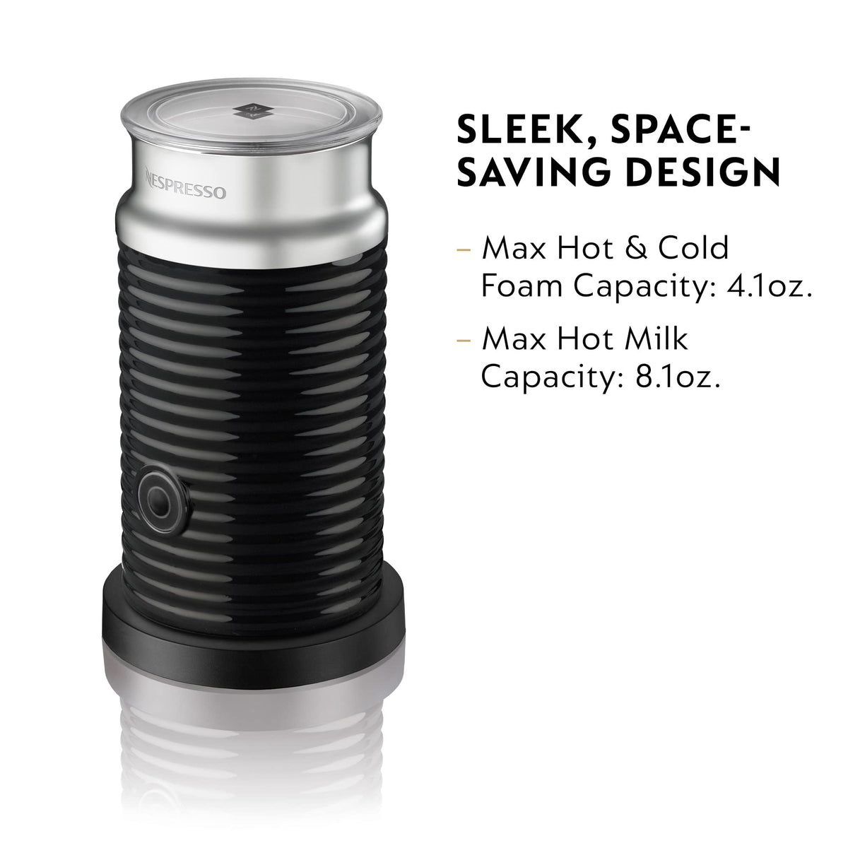 Nespresso Aeroccino 3 stainless steel design sits on a compact base.