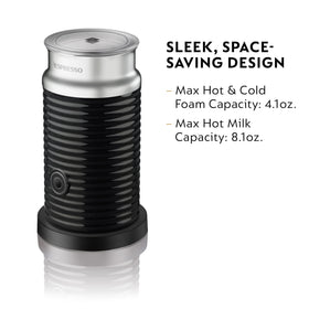 Nespresso Aeroccino 3 stainless steel design sits on a compact base.