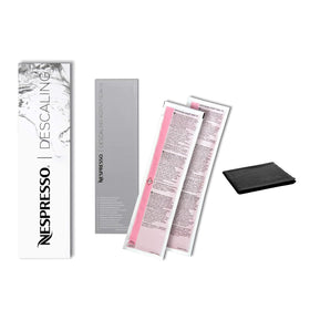 Nespresso descaling kit 2-pack with solution bottles for safe, thorough descaling.