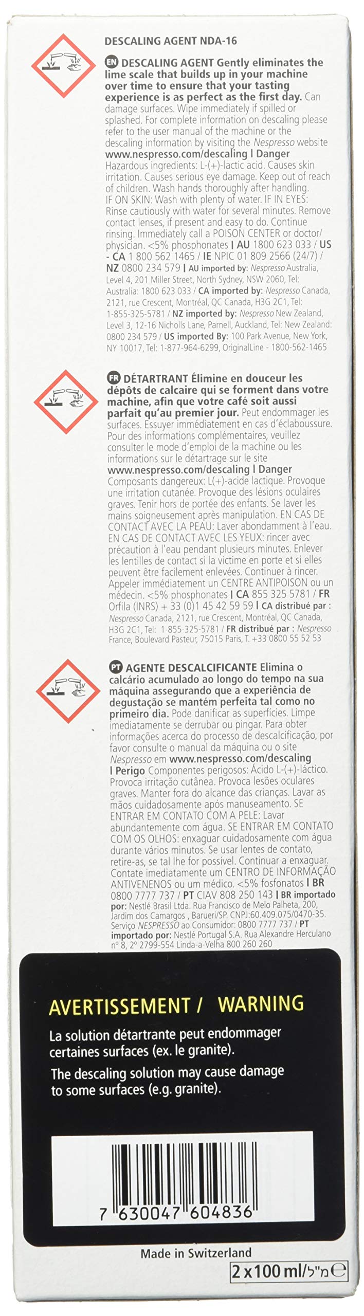 Nespresso descaling solution compatible with OriginalLine and VertuoLine machines.