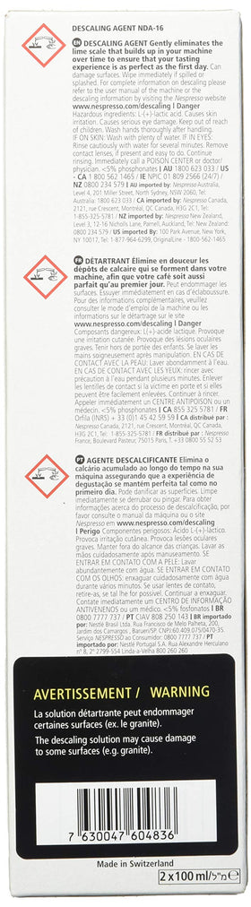 Nespresso descaling solution compatible with OriginalLine and VertuoLine machines.