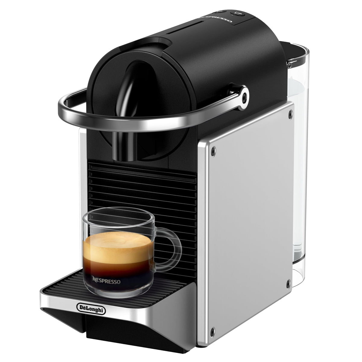 Nespresso Pixie compact design in silver for space-saving mornings.