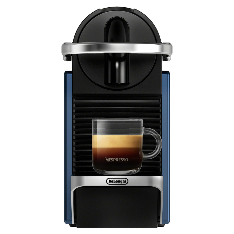 Nespresso Pixie dark blue front view showing compact footprint for small kitchens.