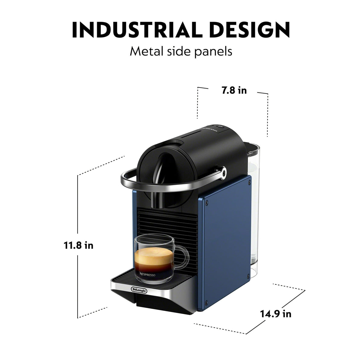 Nespresso Pixie dark blue with steel handle for easy grip during brewing.