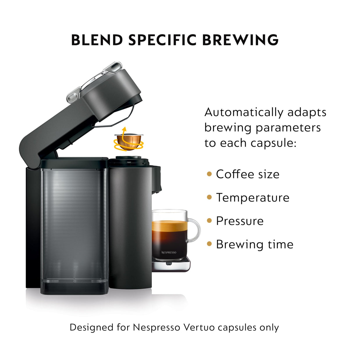 Nespresso Vertuo adjustable tray and 54 oz water reservoir for flexibility