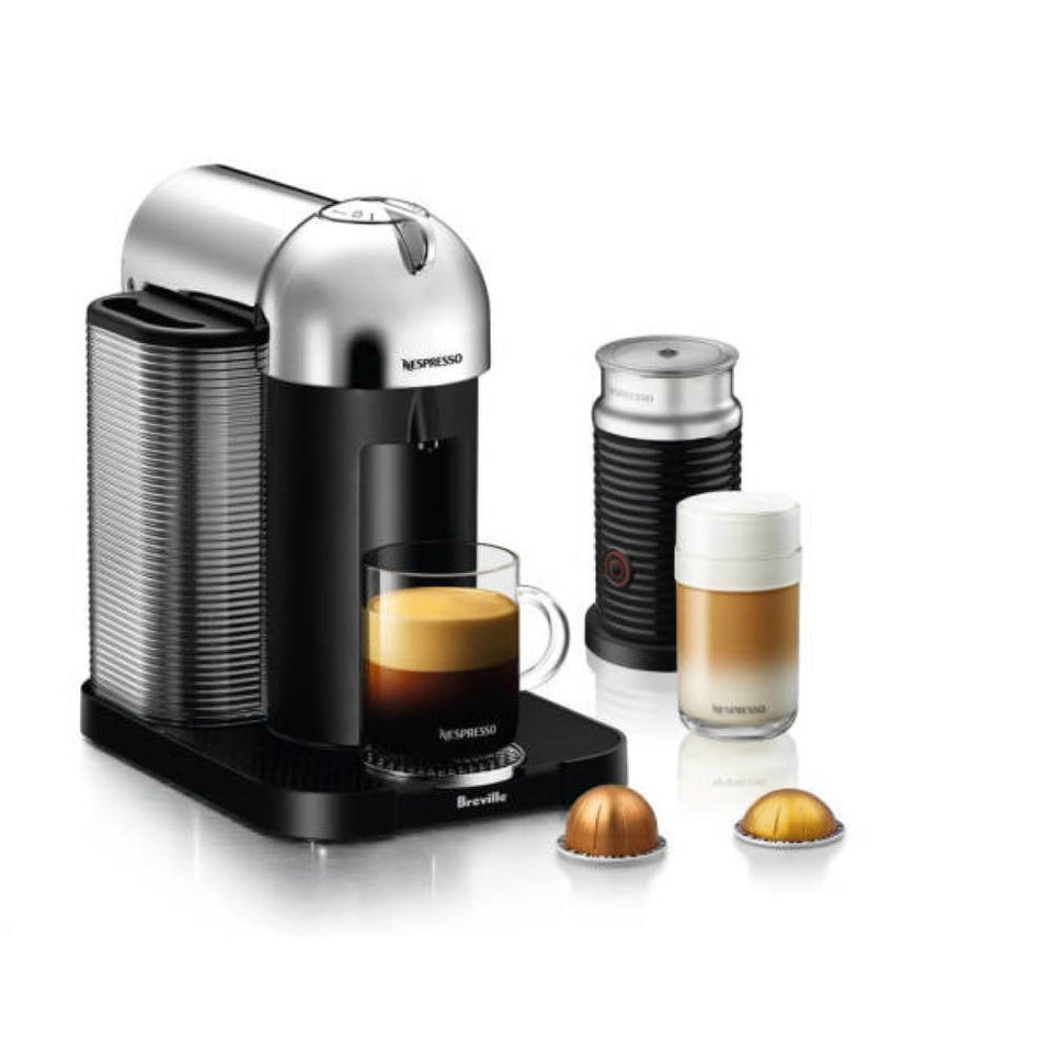 Nespresso Vertuo chrome front view for quick, café-style coffee at home.