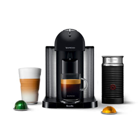 Nespresso Vertuo matte black machine, front view, compact countertop convenience.