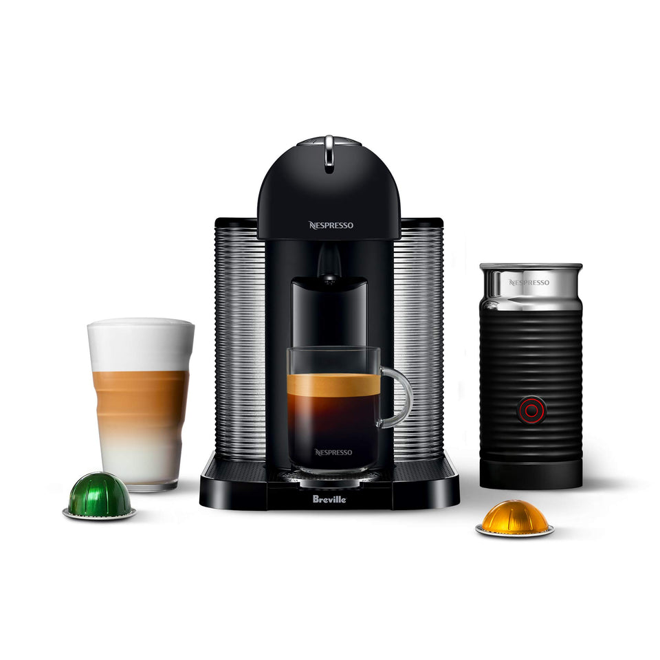 Nespresso Vertuo matte black machine, front view, compact countertop convenience.